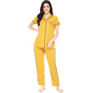 Women's Cotton Solid Plain Night Suit Set of Shirt & Pyjama