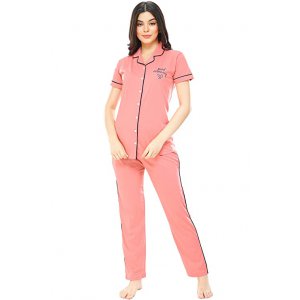 Women's Cotton Solid Plain Night Suit Set of Shirt & Pyjama