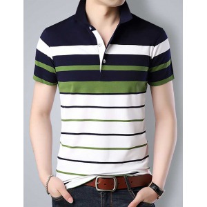 Striped Men Polo Neck White T-Shirt