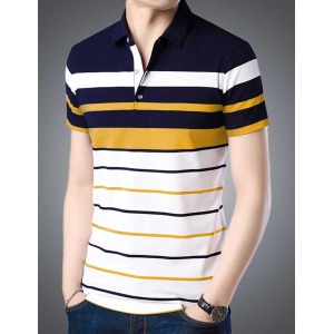 Striped Men Polo Neck White T-Shirt