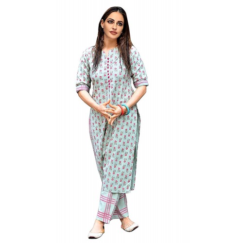 Women's Cotton Straight Kurta with Checkered Trouser