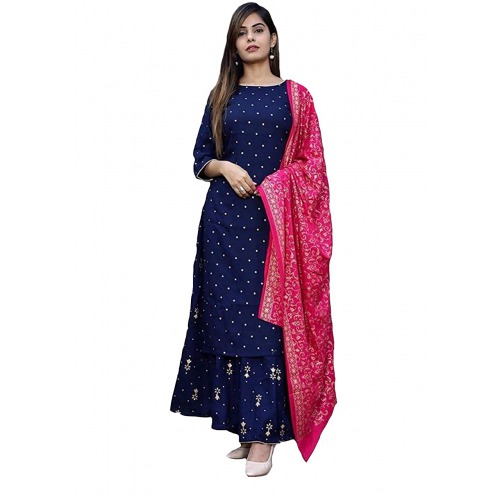 Women's Ruby Cotton Foil Printed Straight Kurta with Palazzo & Dupatta (Kashmiri-Blue)