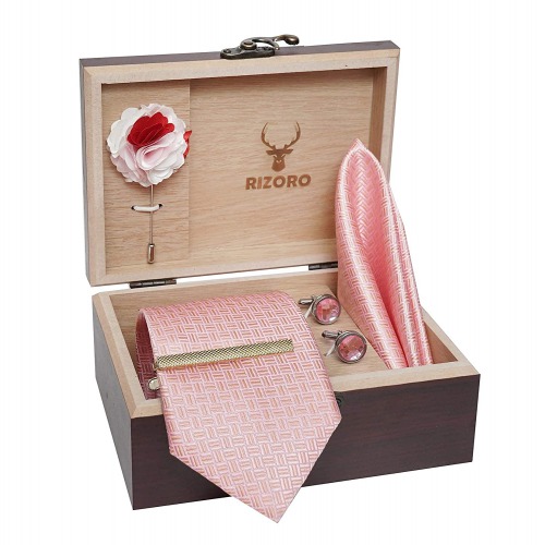 Mens Plaid Micro Self Silk Light Pink Necktie Gift Set With Pocket Square Cufflinks Brooch Pin Men Tie Clip Formal Tie With Wooden Box For Gifting 