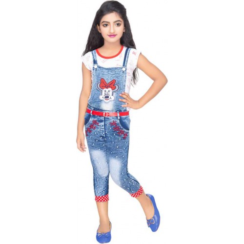 Dungaree For Girls Self Design Denim  (Light Blue, Pack of 1)