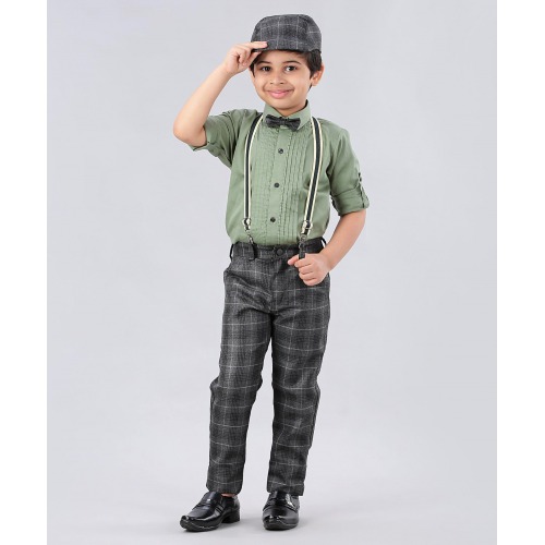 Dapper Dudes Full Sleeves Shirt With Checkered Pants & Bow Tie Suspenders With Cap - Green