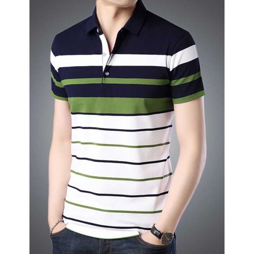 Striped Men Polo Neck White T-Shirt