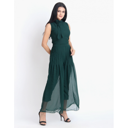 Jumpsuit with Neck Tie-Up- Bottle Green