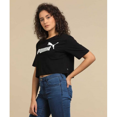 Printed Women Round Neck Black T-Shirt