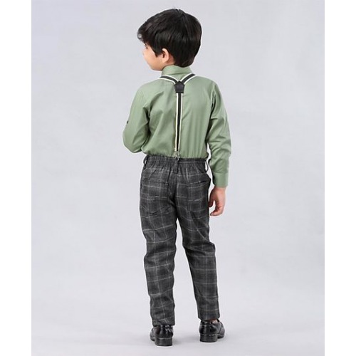 Dapper Dudes Full Sleeves Shirt With Checkered Pants & Bow Tie Suspenders With Cap - Green