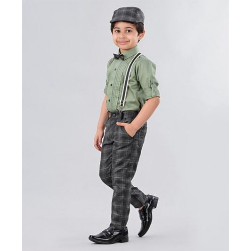 Dapper Dudes Full Sleeves Shirt With Checkered Pants & Bow Tie Suspenders With Cap - Green