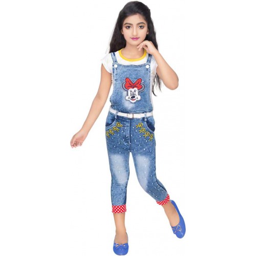 Dungaree For Girls Self Design Denim  (Light Blue, Pack of 1)