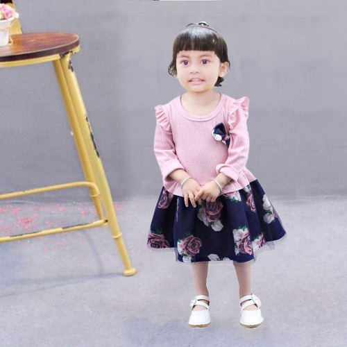 QMQ Spring Autumn Printed Toddler Girls Dress (Pink, 3-4 Years) 