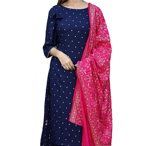 Women's Ruby Cotton Foil Printed Straight Kurta with Palazzo & Dupatta (Kashmiri-Blue)