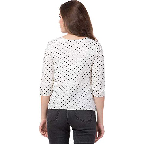 Women's Regular Fit Printed Crepe Round Neck 3/4 Sleeves Casual Tops White