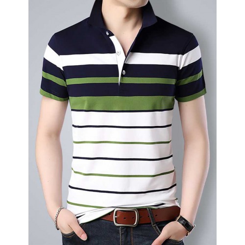 Striped Men Polo Neck White T-Shirt